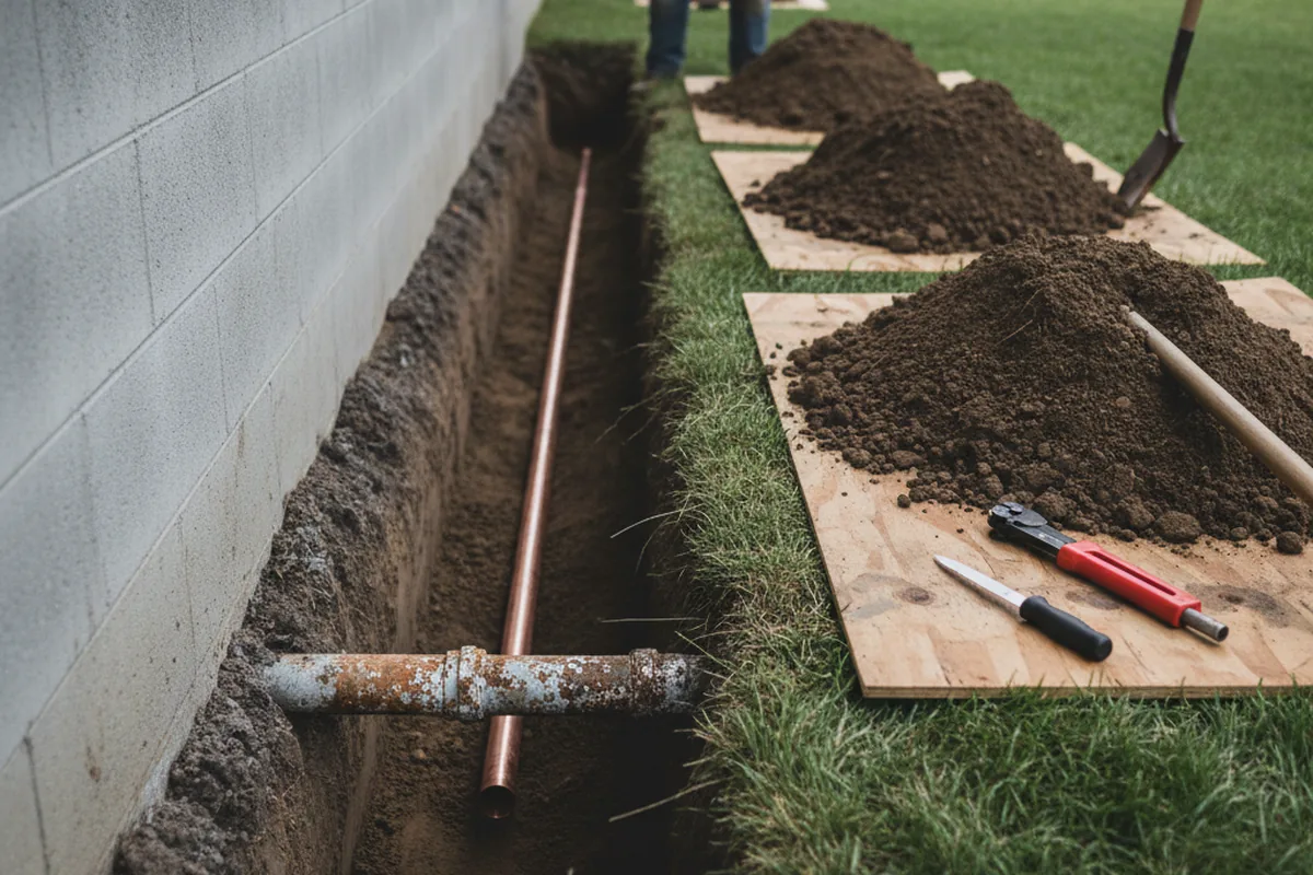 Excavated water line trench during Water Heater Repair in German Valley